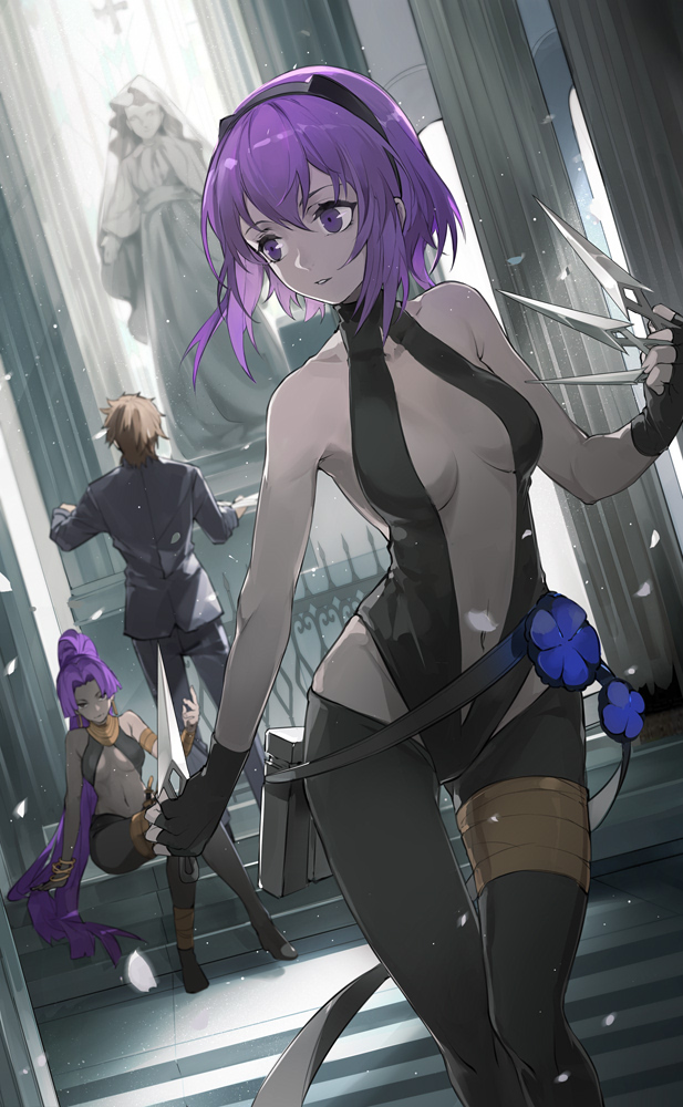1boy 2girls armlet assassin_(fate/prototype_fragments) assassin_(fate/zero) bare_shoulders belt_pouch black_gloves black_hairband bracelet breasts church cowboy_shot dark_skin fate/grand_order fate_(series) female_assassin_(fate/zero) fingerless_gloves gloves hair_between_eyes hairband high_ponytail jewelry knife kotomine_kirei leggings long_hair looking_at_another medium_breasts multiple_girls navel nine_(liuyuhao1992) parted_lips petals purple_hair revealing_clothes short_hair sitting sitting_on_stairs stairs statue stomach sunlight throwing_knife very_long_hair violet_eyes
