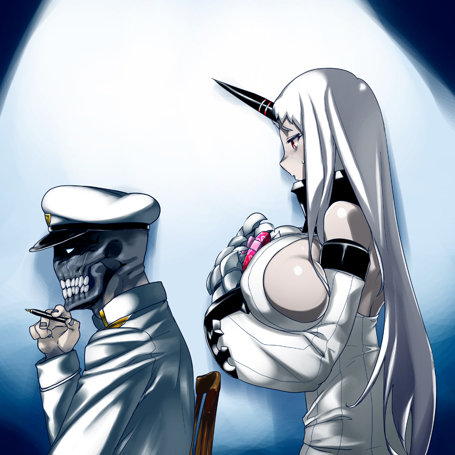 1boy 1girl abyssal_admiral_(kantai_collection) blue_eyes breasts chair chocolate claws detached_sleeves dress hands_on_own_chest hat horn huge_breasts kantai_collection long_hair looking_at_another military military_uniform naval_uniform npqhytt12 parted_lips pen red_eyes ribbed_sweater seaport_hime shinkaisei-kan sitting skull standing sweat sweater tabigarasu_(mahjong_yuugen_gaisha_58) uniform valentine white_dress white_hair