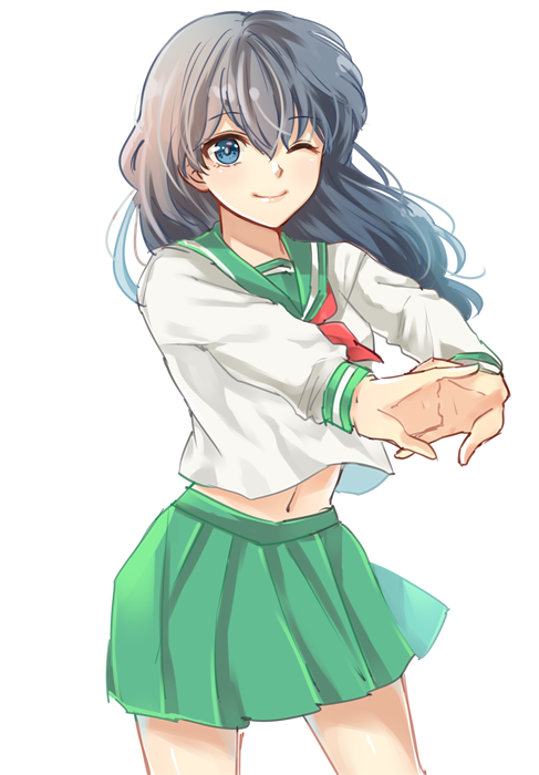 1girl black_hair blue_eyes cowboy_shot hair_between_eyes hands_together higurashi_kagome interlocked_fingers inuyasha long_hair long_sleeves looking_at_viewer midriff motobi_(mtb_umk) navel one_eye_closed pleated_skirt sailor_collar school_uniform serafuku shirt simple_background sketch skirt smile solo stretch white_background