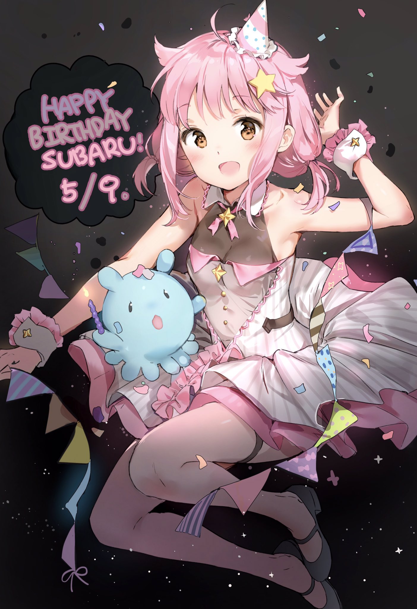 1girl :d anmi arm_up bare_shoulders breasts brown_eyes cleavage confetti dated dress eyebrows_visible_through_hair hair_ornament happy_birthday hat highres houkago_no_pleiades legs_up looking_at_viewer mary_janes mini_hat open_mouth pink_hair shoes short_twintails small_breasts smile solo star star_hair_ornament subaru_(houkago_no_pleiades) thigh_strap twintails wrist_cuffs