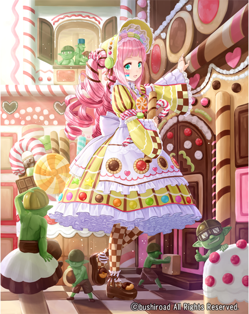 1girl apron biscuit bow cake candy candy_hair_ornament cardfight!!_vanguard checkered checkered_legwear company_name doll doll_joints dress drill_hair facial_tattoo food food_themed_hair_ornament goblin goggles green_eyes hair_ornament hat heart lolita_fashion long_hair nightmare_doll_dory official_art open_mouth pantyhose petticoat pink_hair pointy_ears solo tadokoro_teppei tattoo twintails window