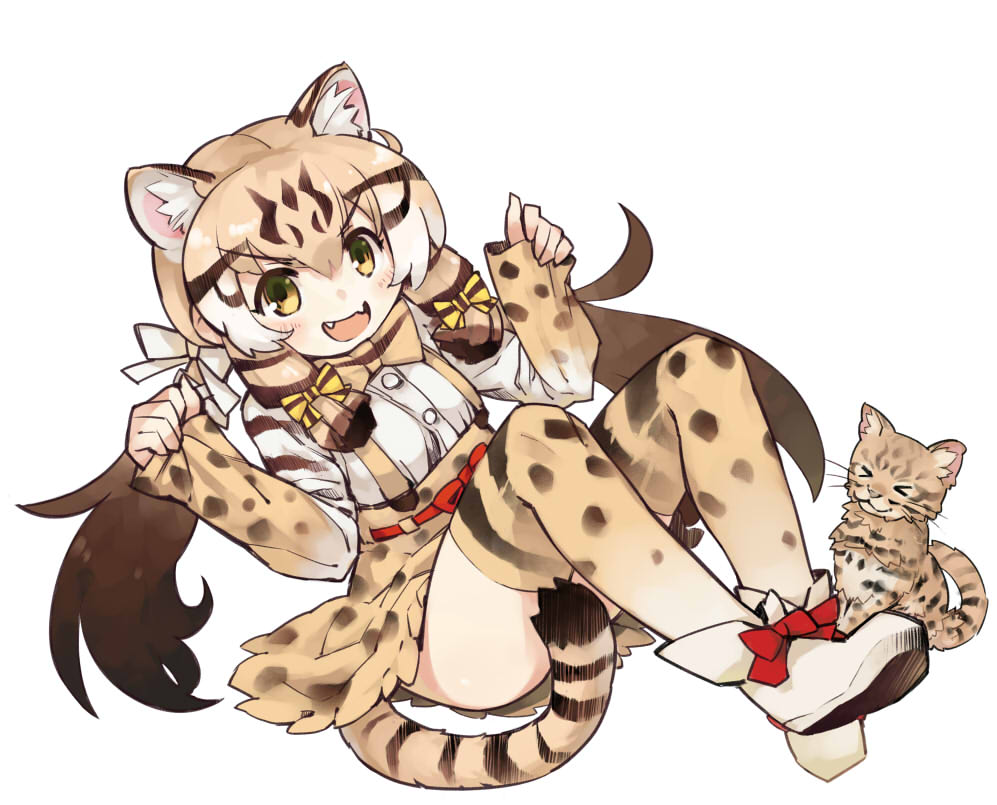 &gt;_&lt; 1girl animal_ears blonde_hair blush boots bow bowtie brown_hair cat_ears closed_eyes fangs full_body geoffroy's_cat geoffroy's_cat_(kemono_friends) gradient_legwear hair_bow itukitasuku kemono_friends long_hair long_sleeves multicolored_hair open_mouth skirt smile striped_tail suspenders tail thigh-highs twintails