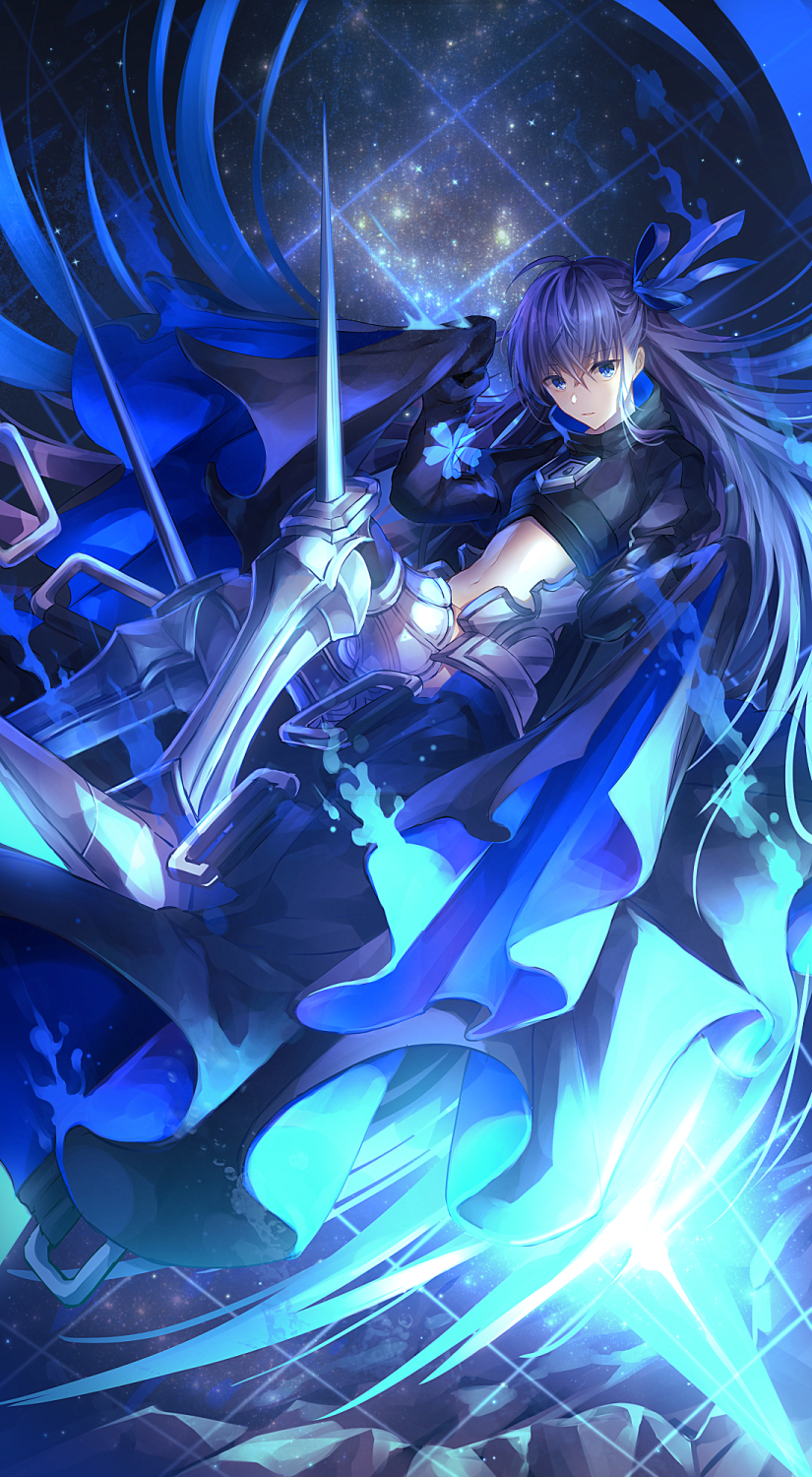 1girl armor armored_boots bangs blue_ribbon boots closed_mouth expressionless eyebrows_visible_through_hair fate/extra fate/extra_ccc fate_(series) floating_hair hair_between_eyes hair_ribbon hands_in_sleeves highres juliet_sleeves long_hair long_sleeves looking_at_viewer meltlilith midriff navel parted_lips puffy_sleeves ribbon solo space yuxx_yux