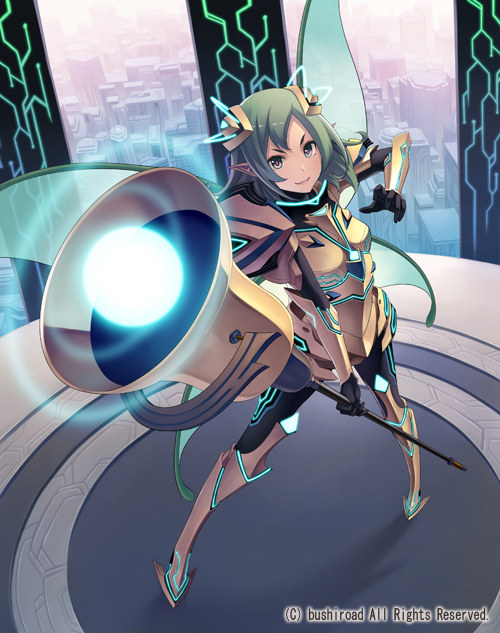 1girl armor armored_boots boots building cardfight!!_vanguard company_name fortune_liberator gloves green_eyes green_hair hair_ornament long_hair official_art pointy_ears solo terumii wings