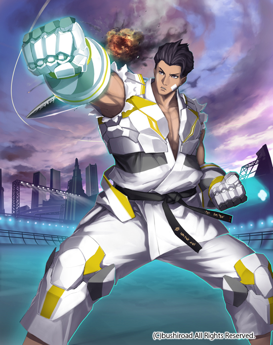 1boy bandaid bandaid_on_face bare_knuckle_arnest black_hair brown_eyes cardfight!!_vanguard clouds company_name dougi gloves karate_gi male_focus niccohudou official_art punching sky solo teeth toned toned_male