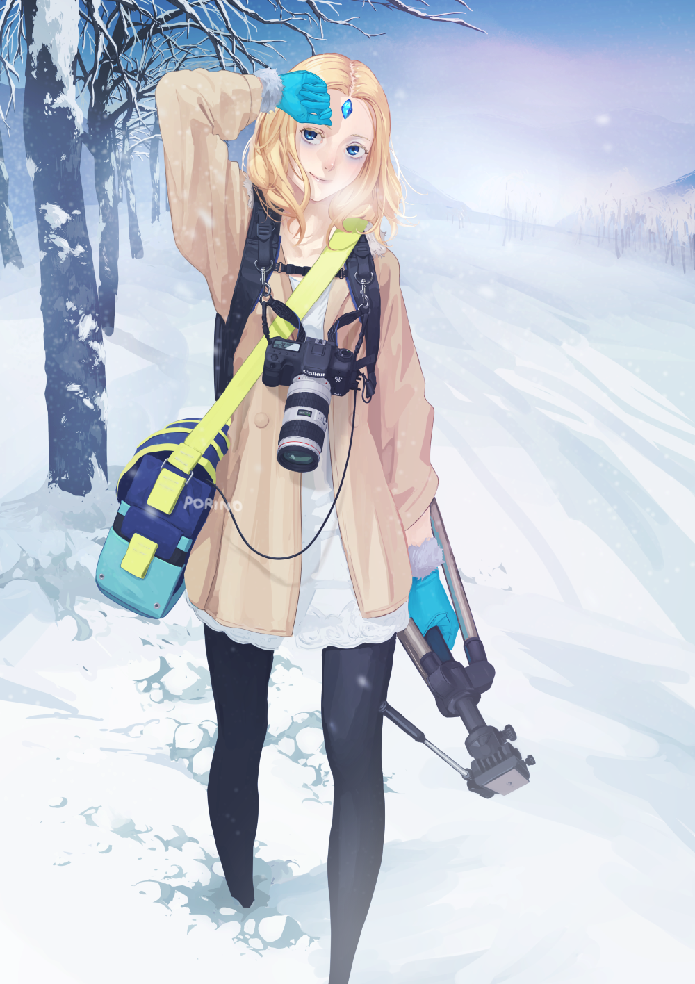 1girl bag blonde_hair blue_eyes camera defense_of_the_ancients dota_2 gloves highres pantyhose porino rylai_crestfall snow tripod winter