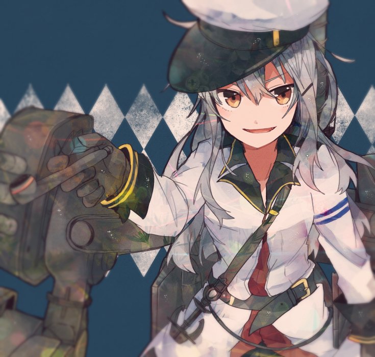 1girl anchor black_gloves brown_eyes gangut_(kantai_collection) gloves grey_hair hat itomugi-kun kantai_collection long_hair looking_at_viewer machinery peaked_cap pipe shirt smile solo upper_body white_shirt