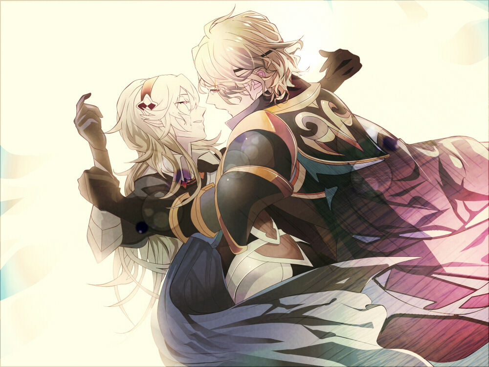 1boy 1girl armor beroring blonde_hair cape closed_eyes female_my_unit_(fire_emblem_if) fire_emblem fire_emblem_if hairband long_hair marks_(fire_emblem_if) my_unit_(fire_emblem_if) open_mouth pointy_ears tears white_hair