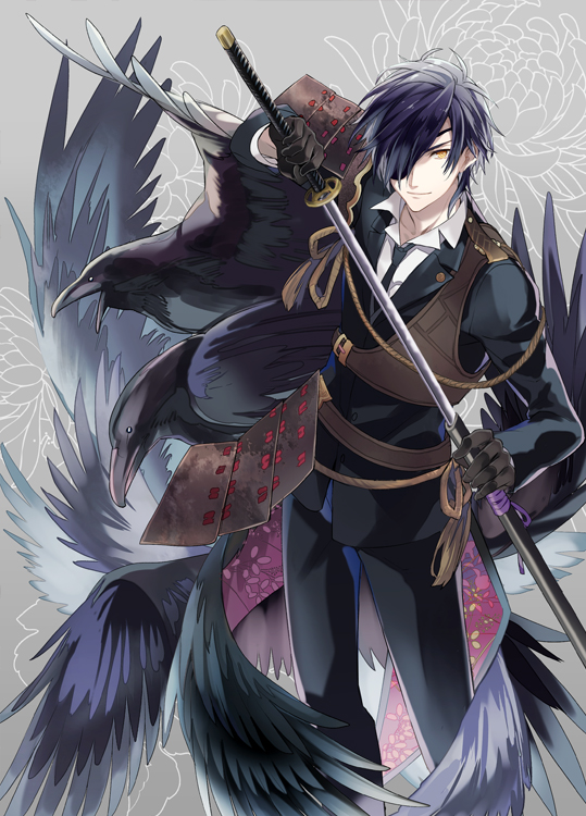 1boy armor bird black_gloves black_hair crow eyepatch gloves japanese_armor katana kuroemon male_focus necktie sheath shokudaikiri_mitsutada smile sode sword touken_ranbu unsheathing weapon yellow_eyes