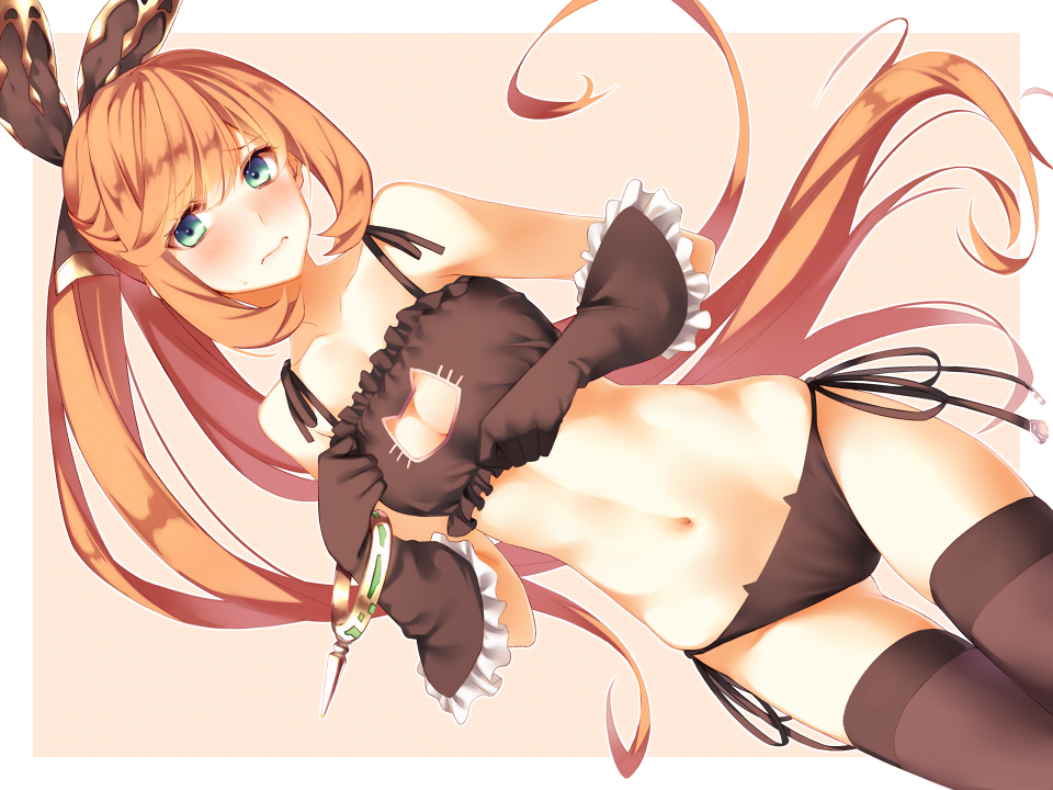 1girl 3: bangle black_bra black_gloves black_legwear black_panties blush bra bracelet breasts brown_hair cat_cutout cat_cutout_panties clarisse_(granblue_fantasy) cleavage cleavage_cutout dutch_angle embarrassed eyebrows_visible_through_hair frill_trim frown gloves gluteal_fold granblue_fantasy green_eyes jewelry long_hair medium_breasts meme_attire navel panties ponytail shiren_(monochrome_structure) side-tie_panties solo sweatdrop thigh-highs underwear very_long_hair