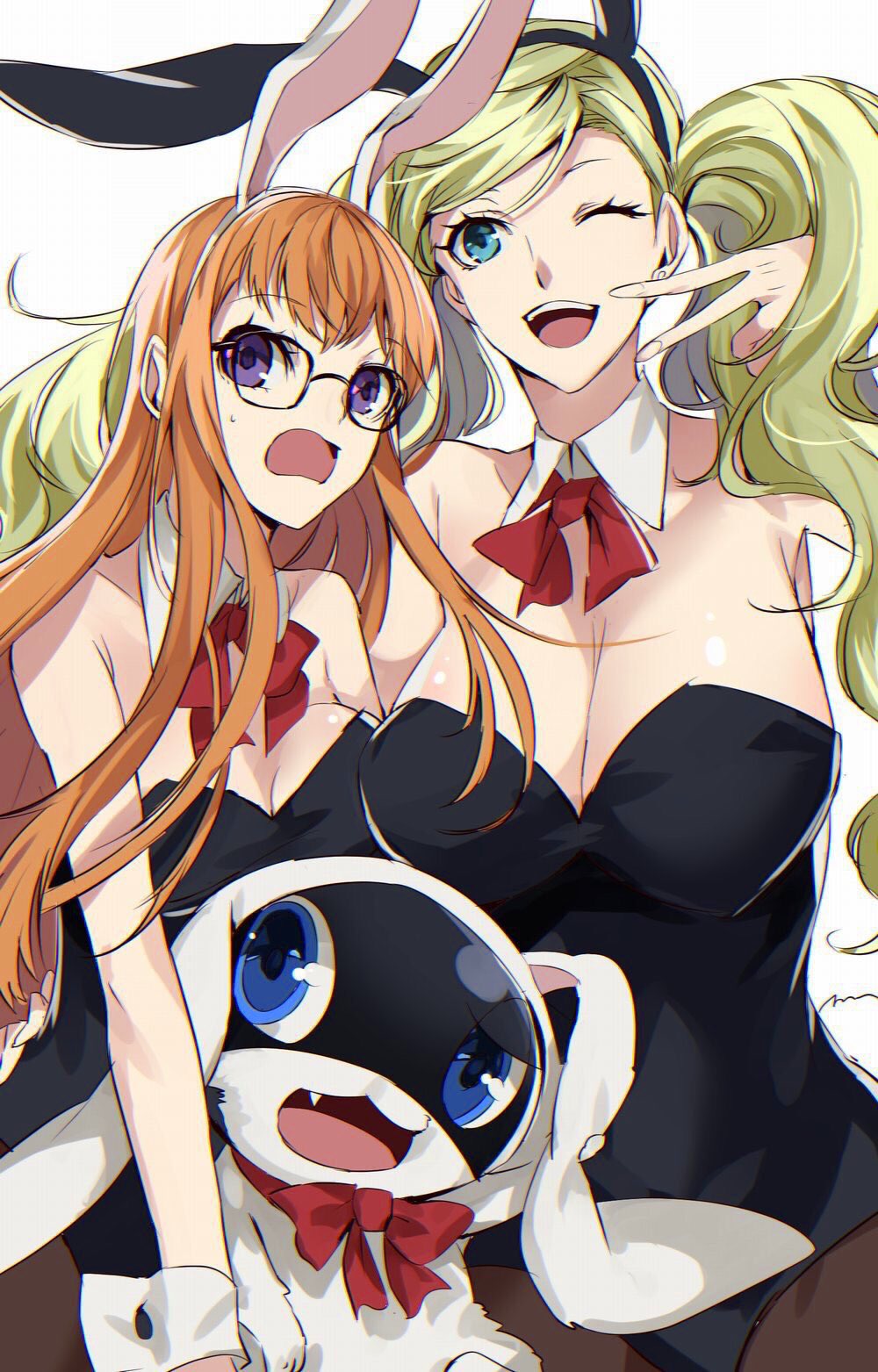 2girls animal_ears ayyataka blonde_hair blue_eyes blush breasts bunny_girl bunnysuit cat cleavage glasses highres hug large_breasts long_hair looking_at_viewer mask medium_breasts morgana_(persona_5) multiple_girls one_eye_closed open_mouth orange_eyes orange_hair pantyhose persona persona_5 rabbit_ears sakura_futaba smile takamaki_anne twintails