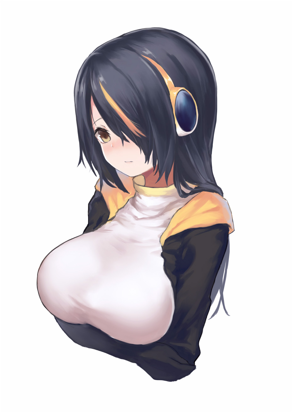 1girl :/ black_hair blush breasts closed_mouth emperor_penguin_(kemono_friends) from_side hair_over_one_eye headphones highres kemono_friends large_breasts long_hair looking_away multicolored_hair nose_blush orange_hair shou_xun_bu_liang simple_background solo streaked_hair turtleneck upper_body white_background yellow_eyes