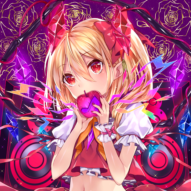 1girl apple ascot blonde_hair blush bow crop_top crystal flandre_scarlet food fruit hair_between_eyes hair_bow komazuki_(komaworks240) looking_at_viewer musical_note navel pointy_ears puffy_short_sleeves puffy_sleeves red_bow red_eyes short_sleeves side_ponytail slit_pupils solo touhou upper_body wings wrist_cuffs