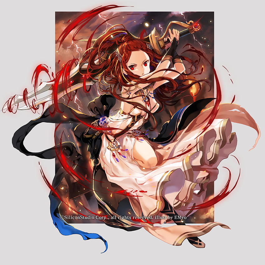 &gt;:/ 1girl :/ bare_shoulders bracer breasts closed_mouth dress floating_hair full_body gyakushuu_no_fantasica hair_ornament holding holding_sword holding_weapon huge_weapon incoming_attack jewelry lightning long_hair looking_at_viewer official_art pendant red_eyes redhead small_breasts solo strapless strapless_dress sword tube_dress weapon white_dress yumaomi