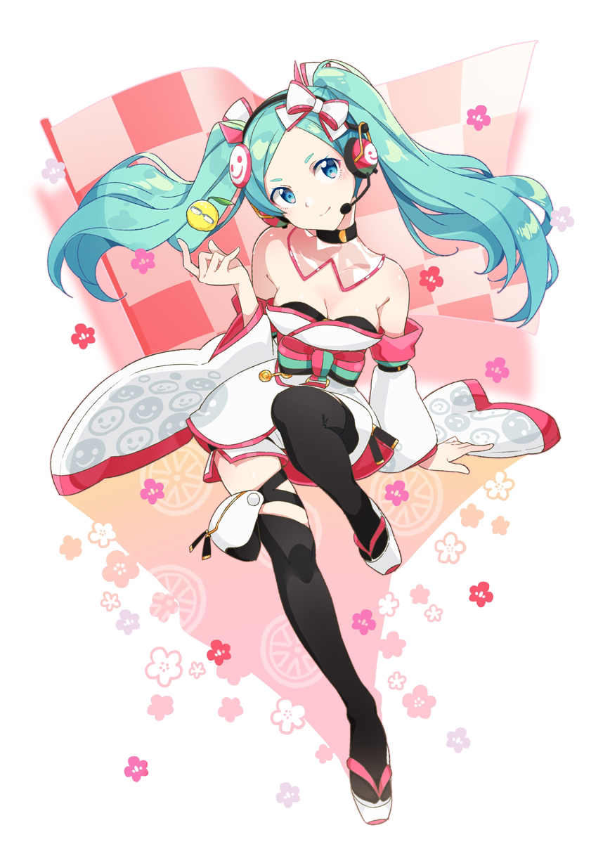 1girl agonasubi aqua_eyes aqua_hair bare_shoulders black_legwear bow breasts checkered checkered_flag cherry_blossoms commentary detached_sleeves flag floral_background food forehead fruit full_body glasses hair_bow hatsune_miku head_tilt headphones headset highres japanese_clothes kimono knee_up lemon long_hair looking_at_viewer medium_breasts racing_miku racing_miku_(2020) see-through sitting sleeveless sleeveless_kimono smile smiley_face solo thigh-highs twintails vocaloid white_footwear white_kimono white_sleeves zouri