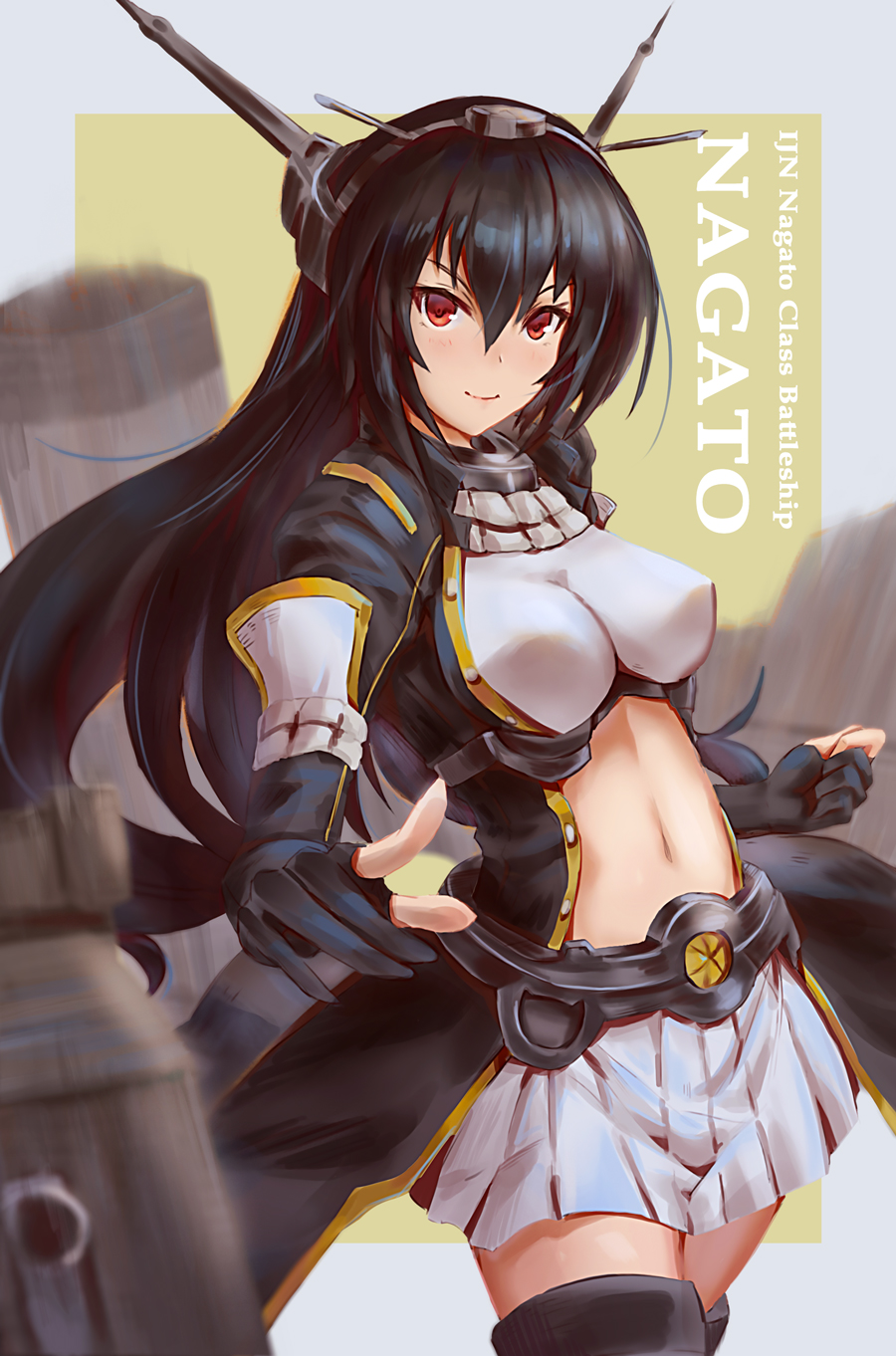 1girl alternate_costume black_gloves black_hair breasts cannon character_name chiwa_(tsugumisky) closed_mouth collar fingerless_gloves focused gloves hair_between_eyes headgear highres kantai_collection long_hair long_sleeves looking_at_viewer machinery medium_breasts metal_belt nagato_(kantai_collection) pleated_skirt red_eyes rigging skirt smile smokestack solo thigh-highs turret white_skirt