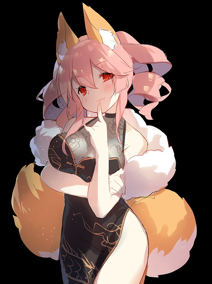 1girl alternate_costume alternate_hairstyle animal_ears bare_arms bare_shoulders black_background black_dress breast_hold breasts china_dress chinese_clothes cleavage closed_mouth commentary_request cowboy_shot dress drill_hair eyebrows_visible_through_hair fate/extra fate_(series) finger_to_mouth fox_ears fox_tail hand_on_own_arm head_tilt index_finger_raised large_breasts long_hair looking_at_viewer pelvic_curtain pink_hair red_eyes saru see-through shawl simple_background sketch sleeveless sleeveless_dress slit_pupils smile solo standing tail tamamo_(fate)_(all) tamamo_no_mae_(fate) thighs twin_drills twintails