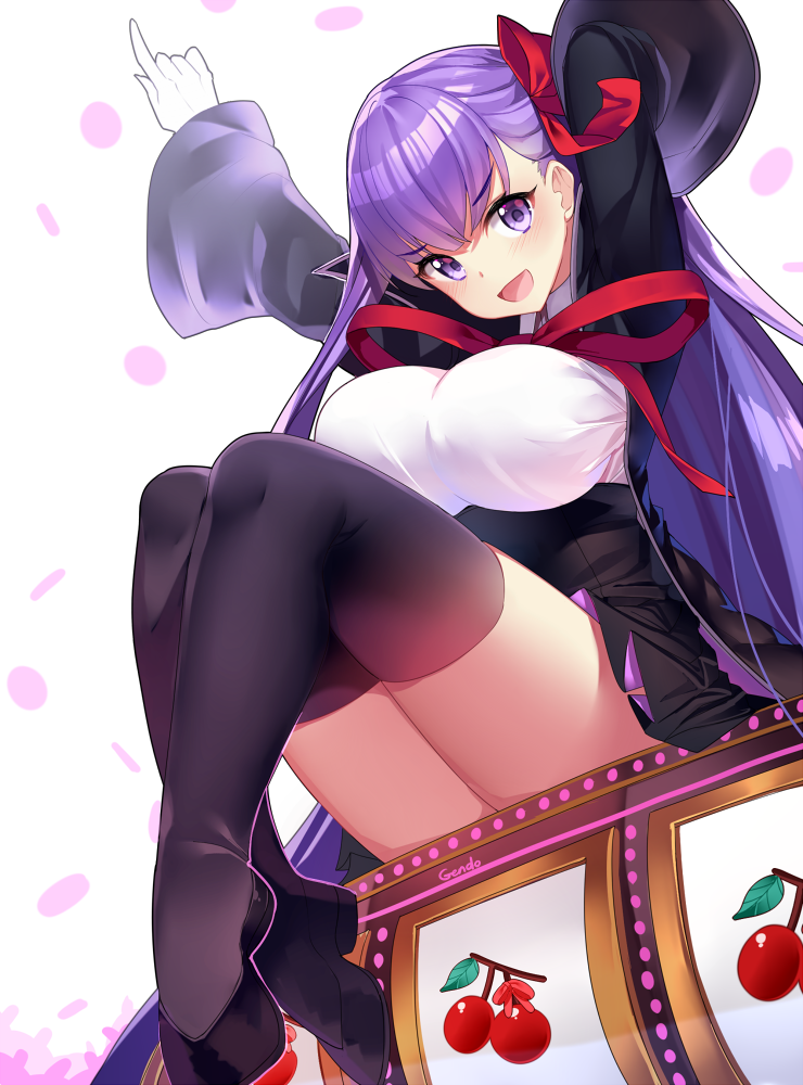 1girl bb_(fate/extra_ccc) black_legwear breasts dress fate/extra fate/extra_ccc fate/grand_order fate_(series) gendo0032 gloves hair_ribbon large_breasts legs long_hair long_sleeves open_mouth purple_hair red_ribbon ribbon simple_background sitting slot_machine solo thigh-highs thighs violet_eyes white_gloves