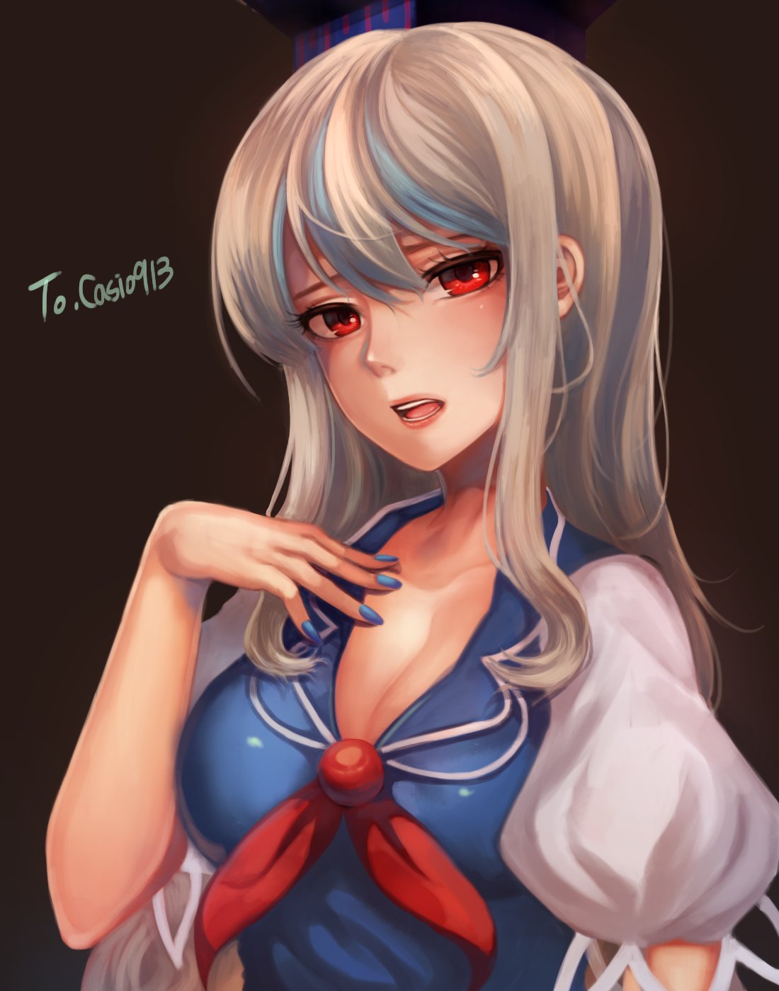 1girl bangs blue_dress blue_hair blue_nails breasts cleavage collarbone dress hat highres kamishirasawa_keine large_breasts lips long_hair looking_at_viewer multicolored_hair nail_polish open_mouth painteen puffy_short_sleeves puffy_sleeves red_eyes short_sleeves sidelocks silver_hair solo swept_bangs touhou two-tone_hair upper_body