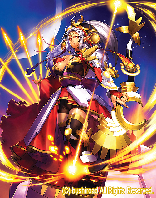 1girl arrow azusa_(hws) battle_deity_of_the_night_artemis boots bow_(weapon) breasts cape cardfight!!_vanguard cleavage company_name dark_skin fur_trim helmet long_hair moon nail_polish night night_sky official_art pointy_ears red_eyes sky solo sparkle thigh-highs weapon white_hair