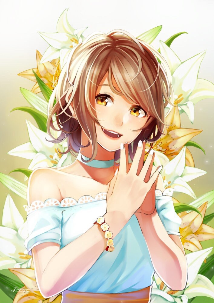1girl artist_name bare_shoulders bracelet brown_hair choker commentary_request flower happy jewelry looking_to_the_side nail_polish original retsuna short_hair signature solo steepled_fingers yellow_eyes