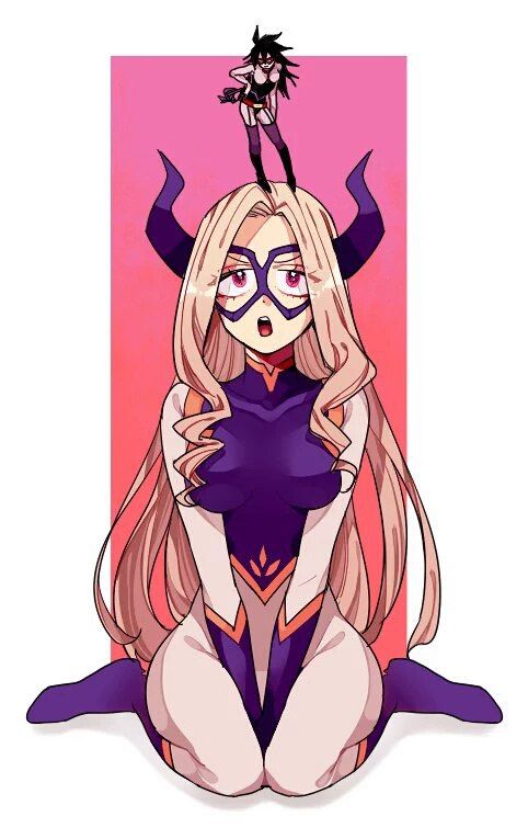 2girls belt black_hair blonde_hair bodysuit boku_no_hero_academia breasts dominatrix domino_mask drill_hair full_body garter_belt giantess horns long_hair mask midnight_(boku_no_hero_academia) mount_lady multiple_girls open_mouth rope seiza simple_background sitting superhero thigh-highs violet_eyes white_background