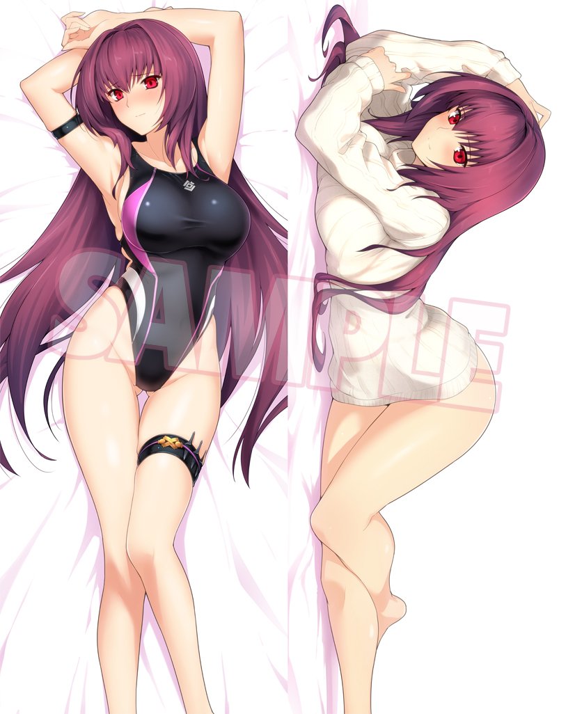 1girl armlet bare_shoulders bed_sheet blush breasts closed_mouth competition_swimsuit dakimakura embarrassed fate/grand_order fate_(series) from_above full_body gluteal_fold groin harukon_(halcon) kunai large_breasts legs long_hair looking_at_viewer lying multiple_views naked_sweater on_back one-piece_swimsuit purple_hair red_eyes ribbed_sweater sample scathach_(fate/grand_order) shiny shiny_skin simple_background skindentation sweater swimsuit thigh_gap thigh_strap thighs turtleneck turtleneck_sweater very_long_hair weapon white_background white_sweater