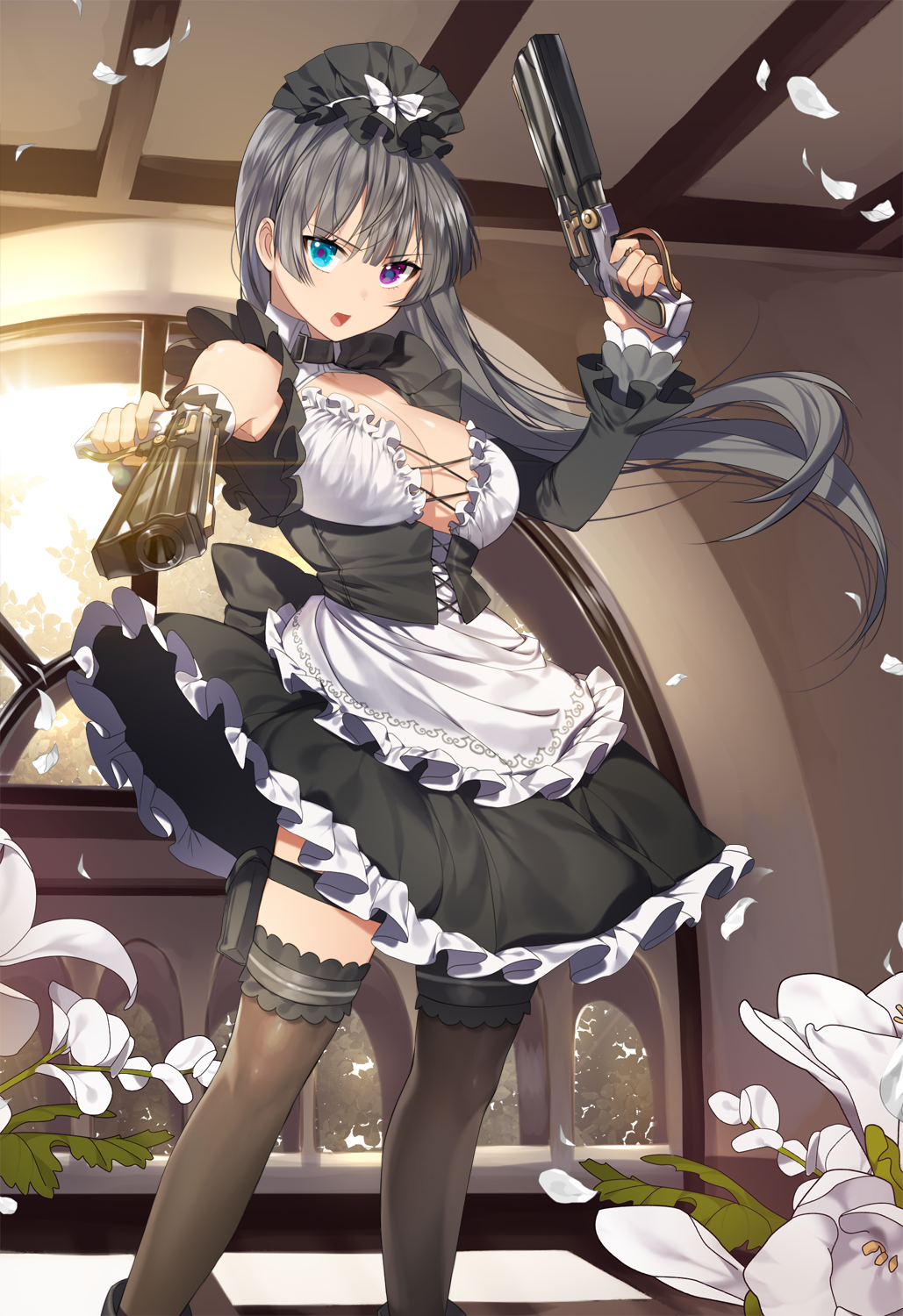 1girl aiming_at_viewer apron black_legwear blue_eyes breasts cleavage cleavage_cutout corset detached_sleeves dual_wielding flower frills garters glint grey_hair gun hairband handgun heterochromia highres indoors large_breasts lolita_hairband long_hair looking_at_viewer open_mouth petals risa_(valkyrie_connect) solo sukja thigh-highs thigh_strap valkyrie_connect very_long_hair violet_eyes waist_apron weapon