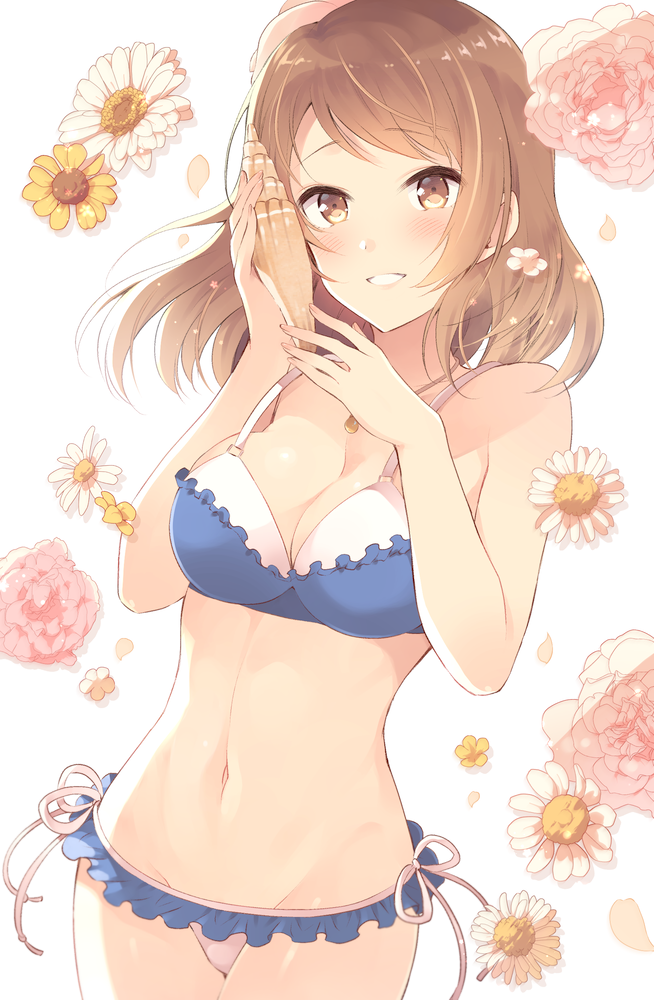 1girl :d bangs bare_arms bare_shoulders bikini blue_bikini blush breasts brown_hair cleavage commentary_request cowboy_shot daisy eyebrows_visible_through_hair flower frilled_bikini frills grin houjou_karen idolmaster idolmaster_cinderella_girls jewelry komi_zumiko long_hair looking_at_viewer medium_breasts navel necklace open_mouth pendant petals seashell shell side-tie_bikini smile solo standing stomach strap_gap swept_bangs swimsuit tareme teeth thighs