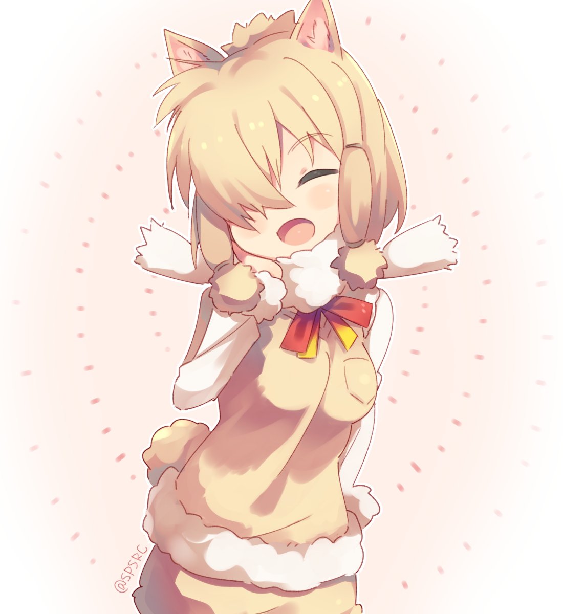 1girl :d alpaca_ears alpaca_suri_(kemono_friends) animal_ears blonde_hair closed_eyes cowboy_shot fur_collar fur_trim hair_over_one_eye hand_on_own_cheek highres kemono_friends long_sleeves open_mouth short_hair smile solo tail takashiru twitter_username