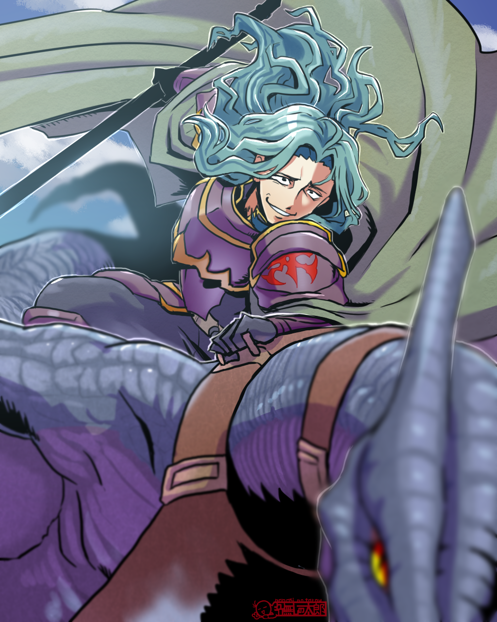 1boy armor artist_name blue_hair cape dragon fire_emblem fire_emblem:_seima_no_kouseki fire_emblem_heroes gloves highres long_hair male_focus polearm solo spear sting_chameleao teeth valter weapon