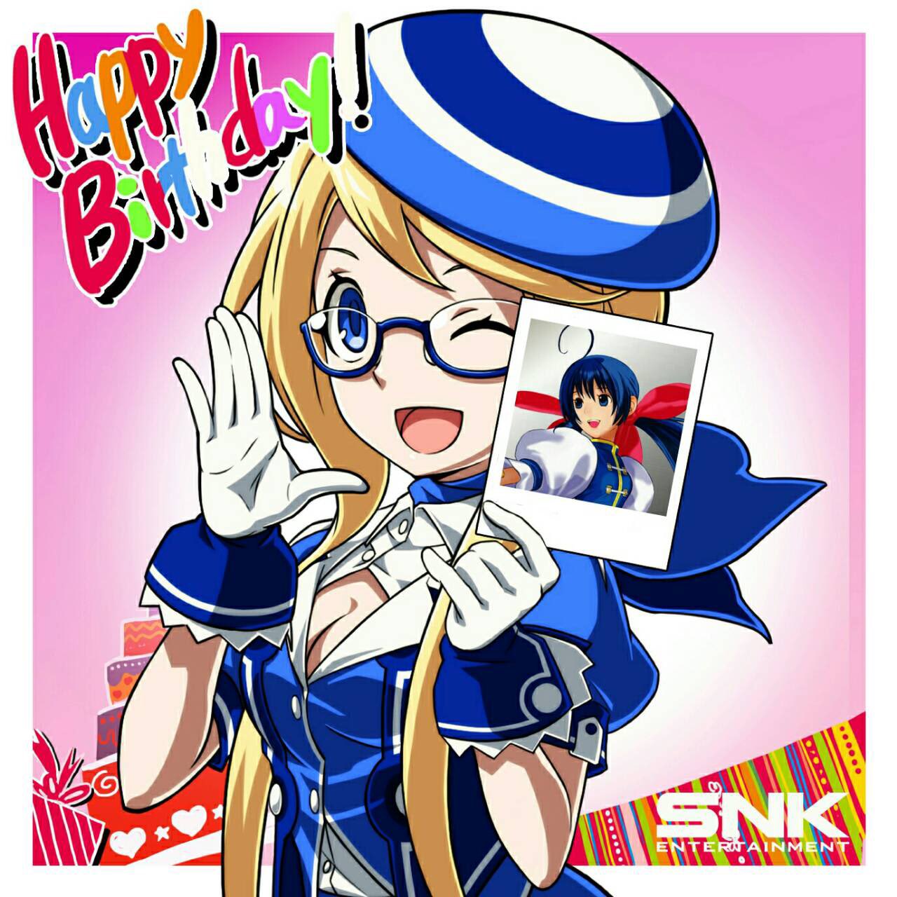 1girl ;) ascot beret blonde_hair blue-framed_eyewear blue_ascot blue_eyes breasts cleavage enta_girl falcoon fatal_fury futaba_hotaru glasses gloves happy_birthday hat highres logo mark_of_the_wolves mascot official_art one_eye_closed polaroid promotional_art semi-rimless_glasses small_breasts smile snk solo the_king_of_fighters white_gloves wrist_cuffs