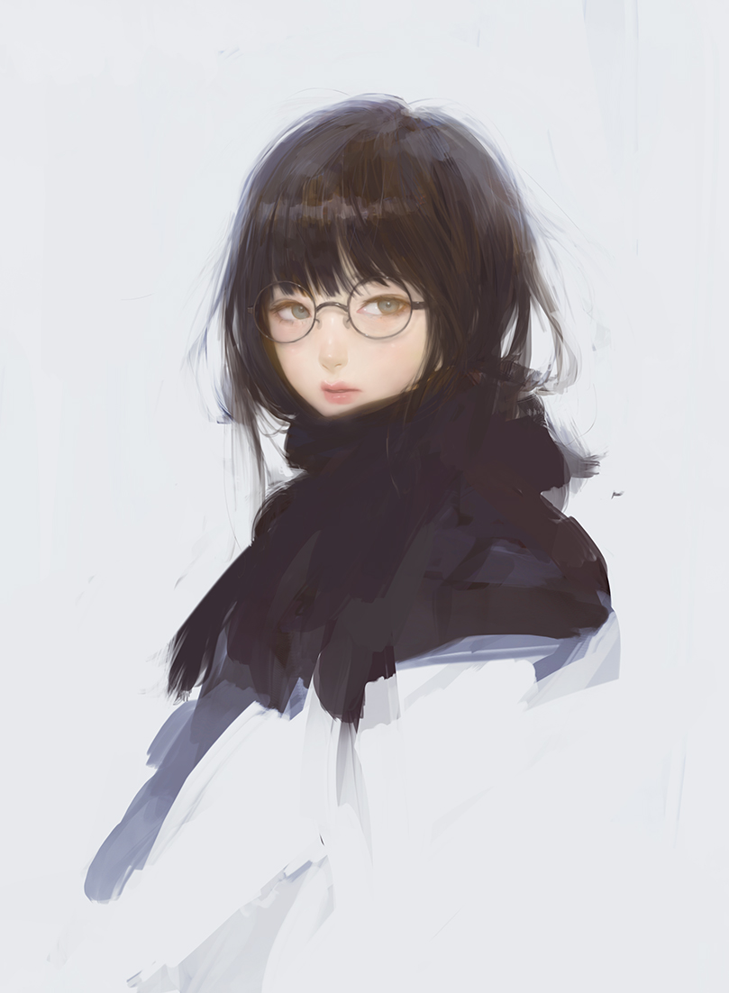 1girl black-framed_eyewear black_hair black_scarf enpera glasses green_eyes long_hair looking_at_viewer mujiha original round_glasses scarf simple_background sketch solo upper_body white_background