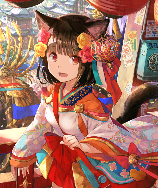 1girl animal_ears bell black_hair bow cat_ears cat_tail character_request copyright_request fang flower fuji_choko hair_flower hair_ornament open_mouth original red_bow red_eyes smile solo tail