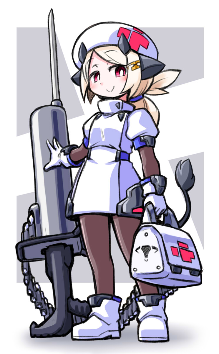 1girl animal_ears bag blonde_hair cow_ears cow_girl cow_horns cow_tail dress exice-zero gloves hat highres holding_bag horns kugelschreiber large_syringe looking_at_viewer nurse nurse_cap original oversized_object pantyhose red_eyes smile solo syringe tail weapon