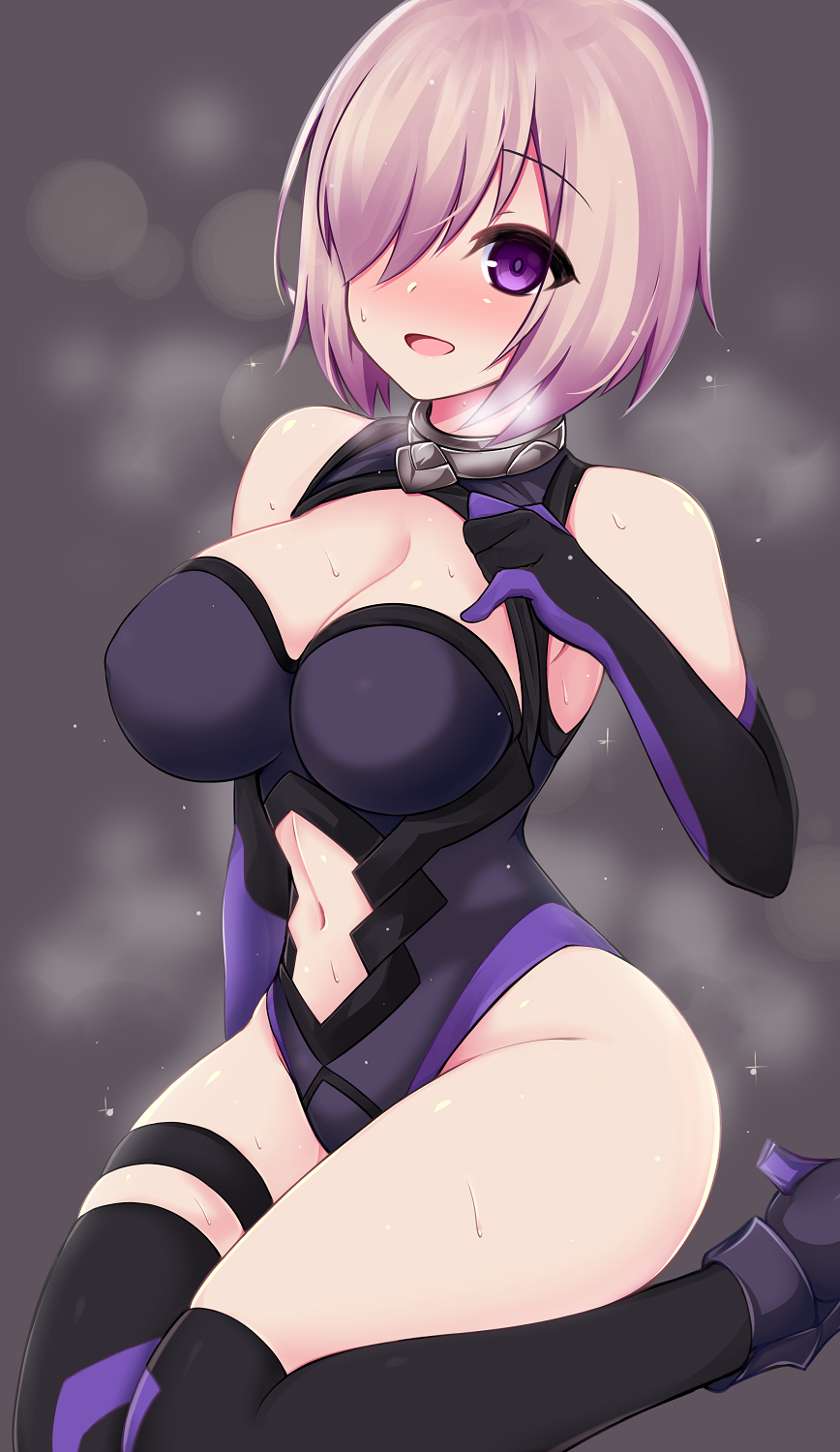 1girl :d adjusting_clothes arm_at_side bare_shoulders black_gloves black_legwear black_leotard blush boots breasts breasts_apart breath cleavage cleavage_cutout elbow_gloves eyebrows_visible_through_hair eyes_visible_through_hair fate/grand_order fate_(series) from_side full_body gloves gorget grey_background groin hair_over_one_eye halterneck hand_on_own_chest happy heavy_breathing highleg highleg_leotard highres hips impossible_clothes impossible_leotard knees_together_feet_apart kuro_mushi large_breasts lens_flare leotard looking_at_viewer multicolored multicolored_clothes multicolored_gloves navel navel_cutout nose_blush open_mouth pinky_out purple_gloves purple_hair shielder_(fate/grand_order) short_hair sideboob silver_hair simple_background sitting skin_tight smile solo sweat thigh-highs thigh_strap thighs violet_eyes wariza