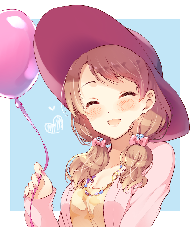 1girl :d ^_^ ^o^ balloon bangs blue_background blush bow breasts brown_hair casual cleavage closed_eyes collarbone eyebrows_visible_through_hair facing_viewer fingernails hair_bobbles hair_bow hair_ornament happy hat heart holding holding_balloon houjou_karen idolmaster idolmaster_cinderella_girls jacket jewelry komi_zumiko long_hair low_twintails medium_breasts nail_polish necklace open_clothes open_jacket open_mouth pink_bow pink_hat pink_jacket pink_nails shirt simple_background sleeves_past_wrists smile solo swept_bangs twintails upper_body yellow_shirt