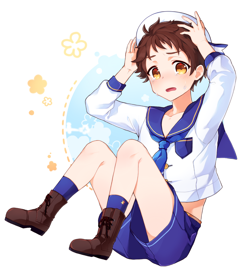 1boy adjusting_clothes adjusting_hat blush boots brown_eyes brown_hair ensemble_stars! hat koll looking_at_viewer male_focus sailor_collar sailor_hat tears tenma_mitsuru