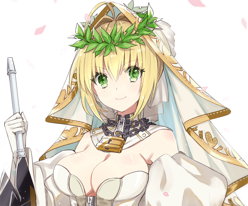 1girl aestus_estus bangs blonde_hair breasts chains cleavage closed_mouth detached_sleeves eyebrows_visible_through_hair fate/extra fate/extra_ccc fate/grand_order fate_(series) gloves green_eyes hair_between_eyes holding holding_sword holding_weapon large_breasts lock looking_at_viewer padlock petals portrait saber_bride saber_extra sidelocks simple_background smile solo sword tong1494 upper_body weapon white_background white_gloves wreath zipper