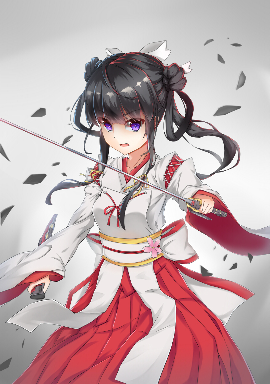 1girl ahoge bangs black_hair blunt_bangs bow breasts collarbone cowboy_shot double_bun eyebrows_visible_through_hair flower hair_bow hair_rings hakama hakama_skirt hand_up highres holding holding_knife holding_sword holding_weapon japanese_clothes katana kimono knife long_hair long_sleeves looking_at_viewer miko nontraditional_miko obi open_mouth pink_flower red_hakama red_skirt reverse_grip ribbon sash shaonyu_cofee_gun shards skirt solo standing sword twintails violet_eyes weapon white_ribbon wide_sleeves yitiao_yuxian