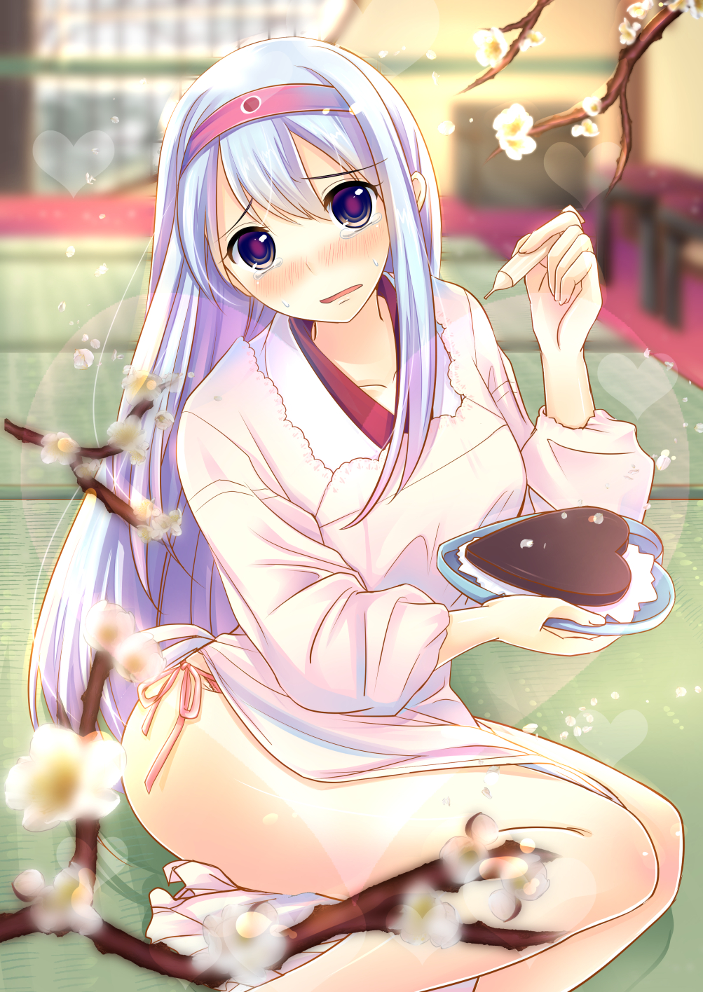 /\/\/\ 1girl an_jera apron blush branch breasts chocolate chocolate_heart flower hair_between_eyes hairband heart highres icing kantai_collection long_hair looking_at_viewer no_pants open_mouth panties panty_peek petals pink_panties plate robe shoukaku_(kantai_collection) side-tie_panties silver_hair sitting solo surprised tareme tatami tears thighs underwear valentine violet_eyes yokozuwari