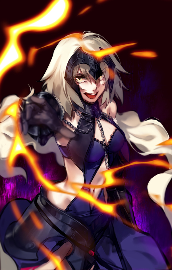&gt;:d 1girl :d armor armored_dress bangs bare_shoulders black_dress black_gloves breasts chains cowboy_shot dress fate/grand_order fate_(series) fire floating_hair foreshortening gloves headpiece hug_(yourhug) jeanne_alter long_hair looking_at_viewer medium_breasts navel open_mouth pale_skin ruler_(fate/apocrypha) silver_hair smile solo yellow_eyes