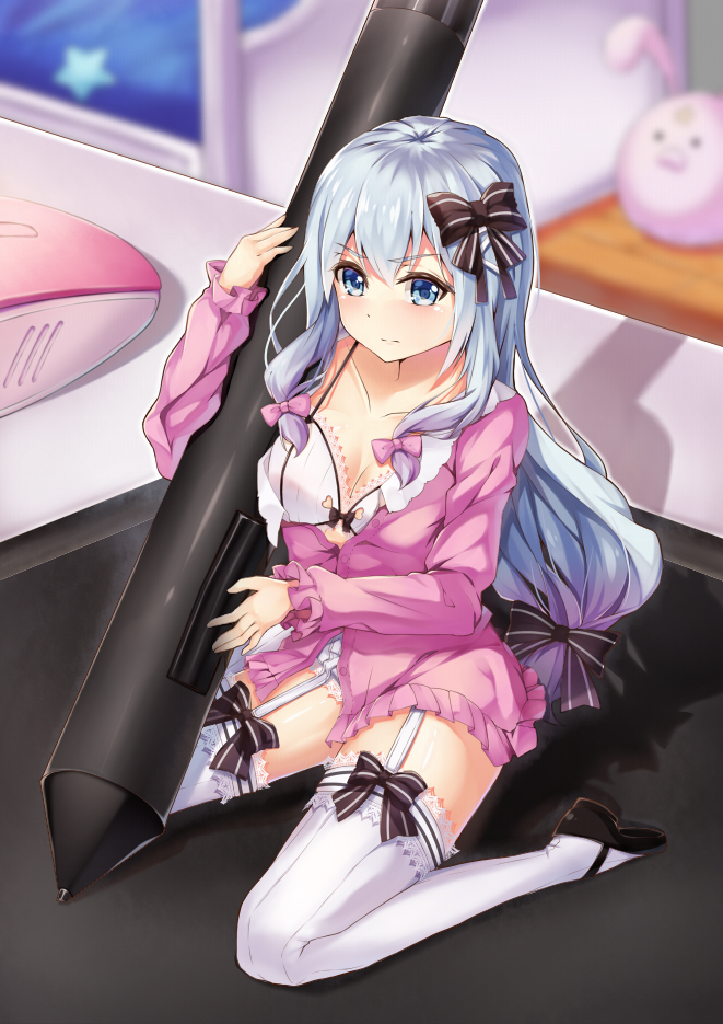 1girl bangs black_bow black_shoes blue_eyes blurry blurry_background bow bow_bra bra breasts cleavage closed_mouth collarbone computer_mouse eromanga_sensei eyebrows_visible_through_hair frilled_shirt frilled_sleeves frills full_body garter_straps hair_bow izumi_sagiri lace lace-trimmed_thighhighs lace_trim long_hair long_sleeves looking_at_viewer mary_janes medium_breasts minigirl off_shoulder pajamas pink_bow pink_shirt shirt shoes silver_hair sitting solo stuffed_animal stuffed_bunny stuffed_toy stylus tablet thigh-highs underwear wariza white_bra yitiao_yuxian