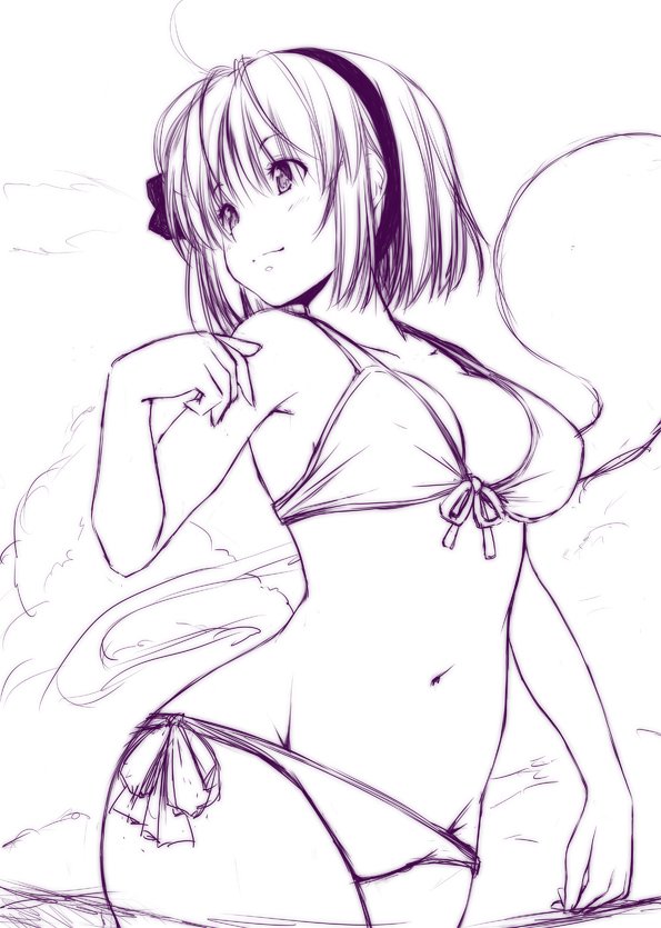 1girl ahoge armpits bangs bare_arms bare_shoulders bikini blush breasts cleavage closed_mouth clouds collarbone commentary_request from_below front-tie_bikini front-tie_top ghost hair_ribbon hairband hitodama konpaku_youmu konpaku_youmu_(ghost) looking_to_the_side medium_breasts monochrome navel nori_tamago outdoors ribbon short_hair side-tie_bikini sketch sky smile solo stomach swimsuit tareme touhou violet_eyes wading water