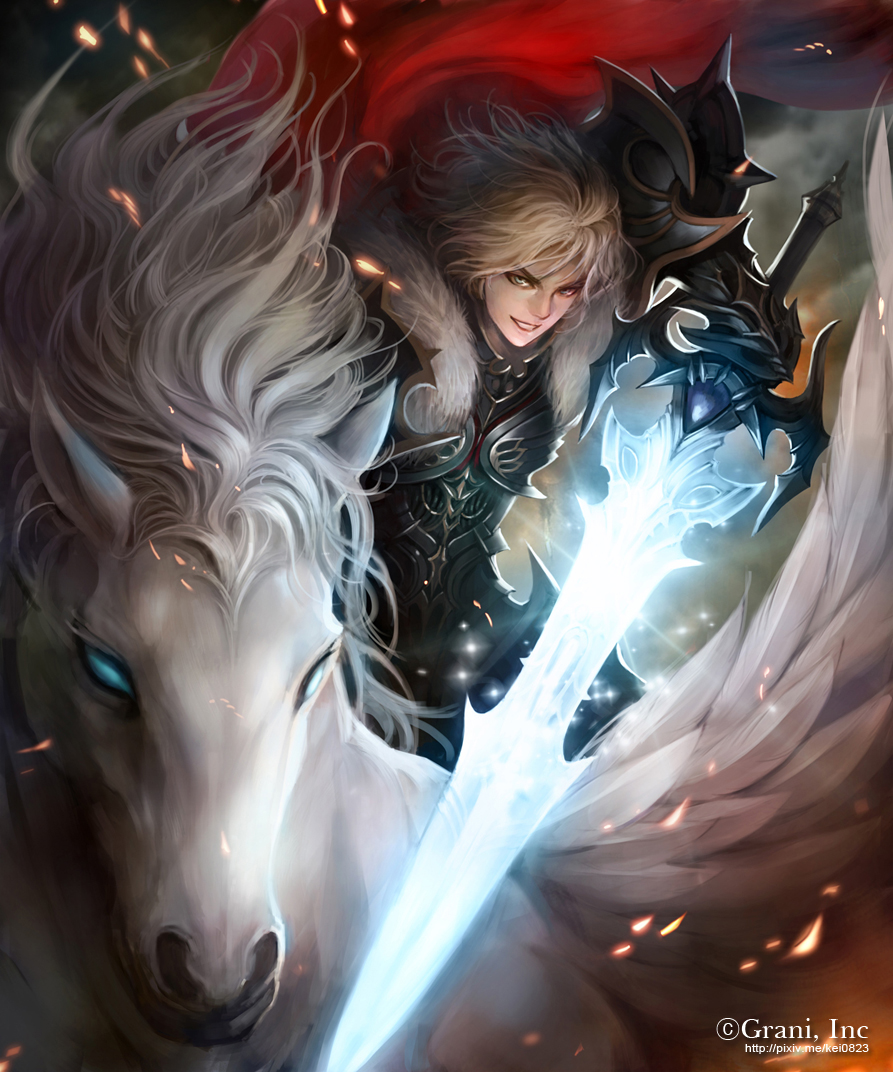 1boy armor blue_eyes cape fur_trim glowing glowing_sword glowing_weapon kei1115 looking_at_viewer male_focus pegasus pixiv_id red_cape riding shingoku_no_valhalla_gate smile solo watermark weapon