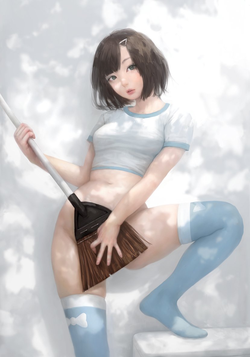 1girl blue_legwear blue_shirt bottomless breasts broom brown_eyes brown_hair commentary_request dappled_sunlight groin hair_ornament hairclip holding holding_broom lips looking_at_viewer looking_to_the_side medium_breasts mujiha original over-kneehighs parted_lips shirt short_hair short_sleeves solo stomach sunlight thigh-highs unconventional_guitar