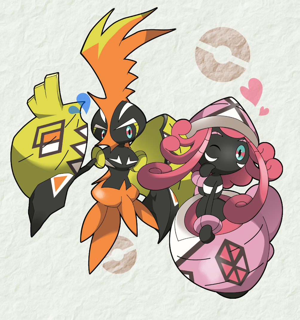 black_skin daipy duo mohawk orange_hair pink_hair pokemon pokemon_(game) pokemon_sm tapu_koko tapu_lele