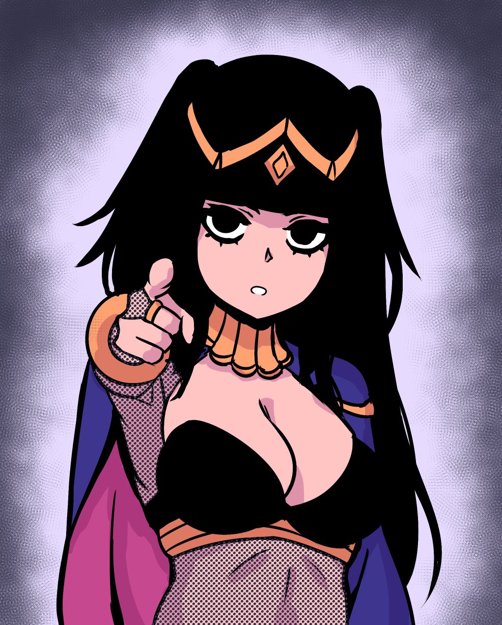 1girl akairiot black_hair bodysuit bracelet breasts bridal_gauntlets cape fire_emblem fire_emblem:_kakusei fire_emblem_heroes highres i_want_you jewelry large_breasts long_hair looking_at_viewer parody pointing pointing_at_viewer solo tharja tiara two_side_up