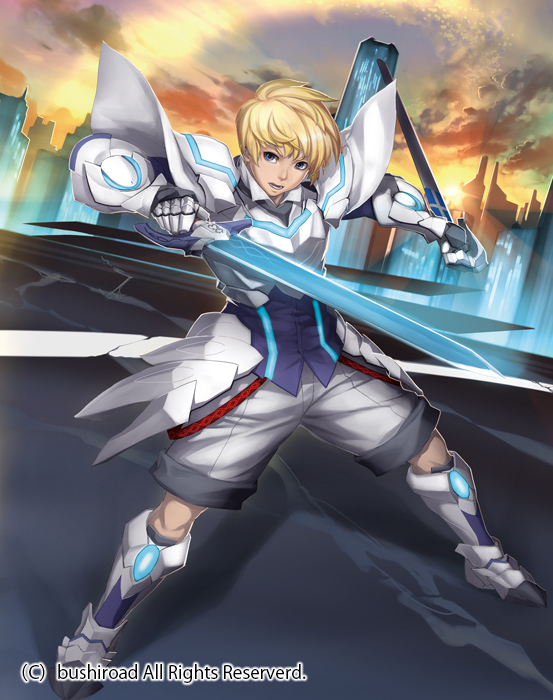 1boy armor armored_boots blonde_hair blue_eyes boots cardfight!!_vanguard clouds company_name gloves knight_of_drawn_sword niccohudou official_art open_mouth sky solo sword teeth weapon