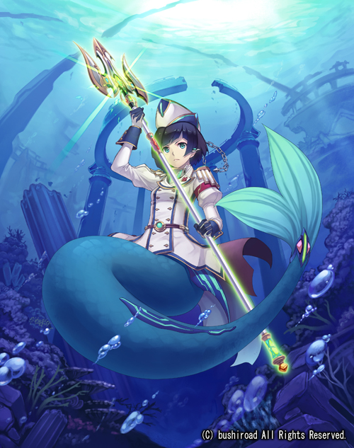 1girl battle_siren_dorothea black_hair blue_eyes bubble cardfight!!_vanguard chains company_name coral epaulettes gloves hat mermaid military military_uniform monster_girl official_art pointy_ears polearm solo terumii trident underwater uniform weapon